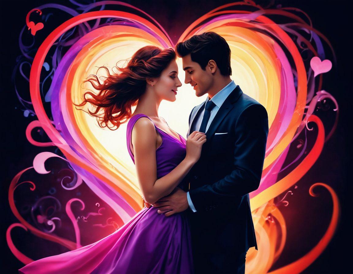 An artistic depiction of an enchanting couple with playful, mischievous expressions, surrounded by swirling heart shapes that symbolize passion. The background features a blend of bright, vibrant colors representing the excitement of romance. Subtle shadows hint at secrets and intrigue, while a whimsical touch creates a captivating atmosphere. The scene is illuminated with soft, glowing lights, enhancing the allure of their connection. vivid colors. ethereal style.