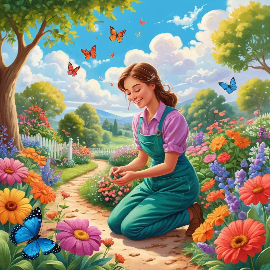 A whimsical illustration of a nurturing gardener tending to a vibrant garden filled with heart-shaped flowers representing love and care. The gardener is playfully interacting with colorful butterflies, symbolizing joy and attachment. In the background, a serene landscape with soft clouds and warm sunlight enhances the feeling of warmth and connection. The overall mood is cheerful and inviting. vector art. vibrant colors. pastel background.