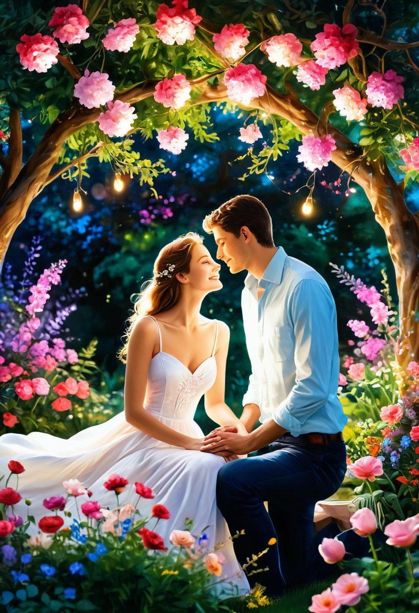 A whimsical scene of two lovers playfully interacting in a lush garden filled with vibrant flowers, their expressions full of joy and affection. Incorporate elements of cleverness, like a hidden love note tucked within the petals. The backdrop features soft, twinkling fairy lights hanging from tree branches, creating a dreamy atmosphere. The colors should be warm and inviting, evoking a sense of romance and care. painting. vibrant colors. soft focus.